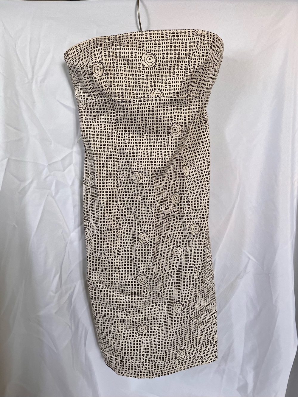 Jacob Strapless Beige and Brown Grid Midi Dress with Floral Accents